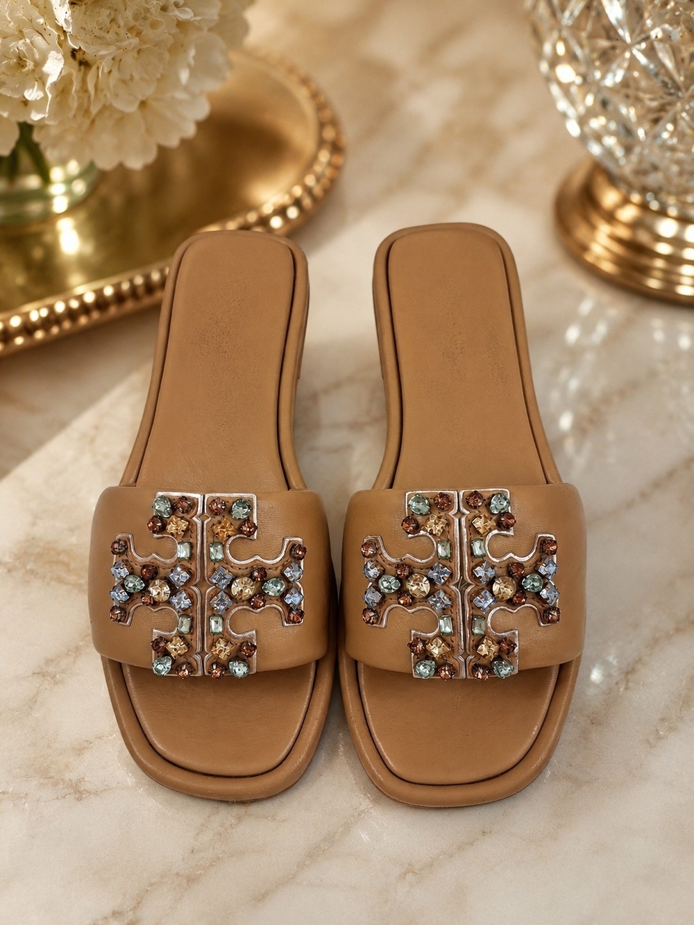 Tory Burch Eleanor Double T Crystal Slides
